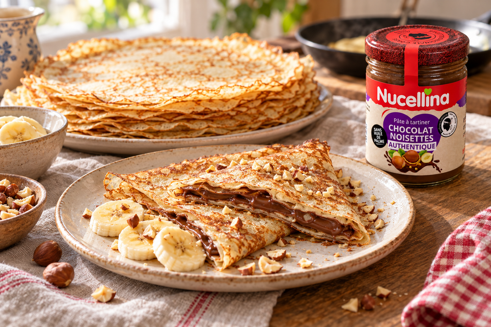 Crêpes maison à la pâte à tartiner Nucellina, accompagnées de banane et de noisettes pour la Chandeleur.