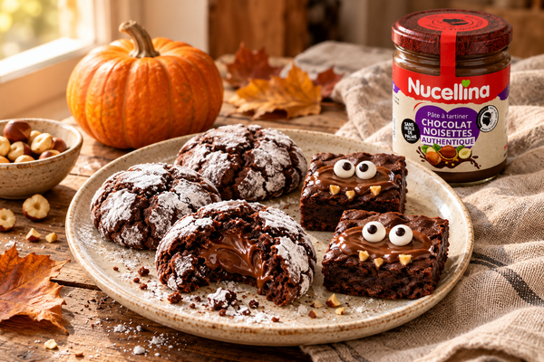 Goûter d’Halloween avec crinkles fourrés à la Nucellina, brownies décorés et petite citrouille.