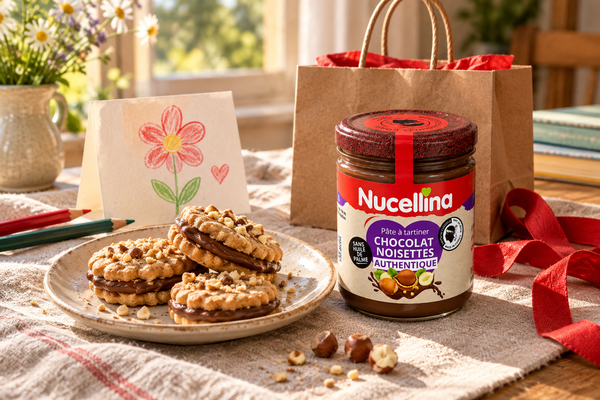 Pot Nucellina et biscuits maison accompagnés d’une carte dessinée pour remercier une maîtresse ou un maître.