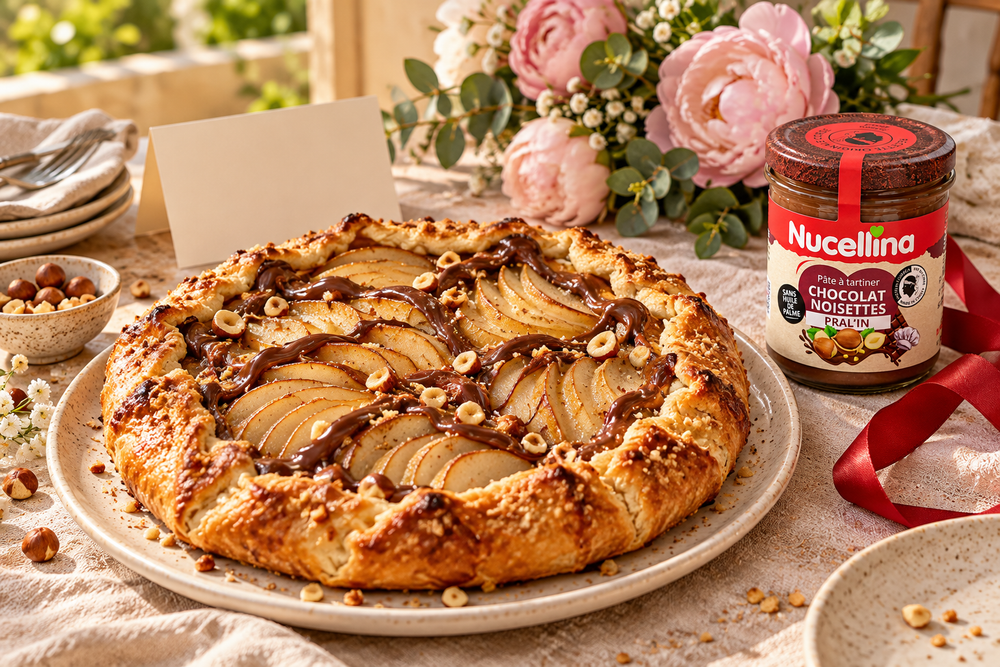 Tarte rustique aux poires et chocolat-noisette, pot Nucellina et fleurs pour la Fête des Mères.