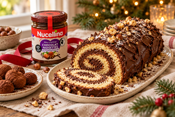 Bûche roulée chocolat-noisette, truffes maison et pot de Nucellina pour une table de Noël gourmande.