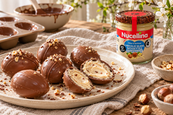 Œufs de Pâques maison à la coque chocolatée et au cœur de Nucellina Gourmande et de pralin.