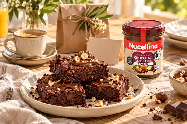 Brownies chocolat-noisette et pot de Nucellina Pral’In pour un cadeau gourmand de Fête des Pères.