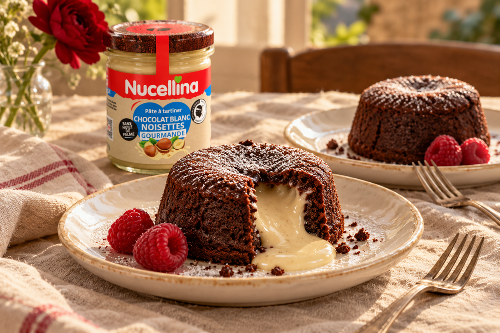 Deux coulants au chocolat au cœur de Nucellina Gourmande, dressés pour un dessert de Saint-Valentin.
