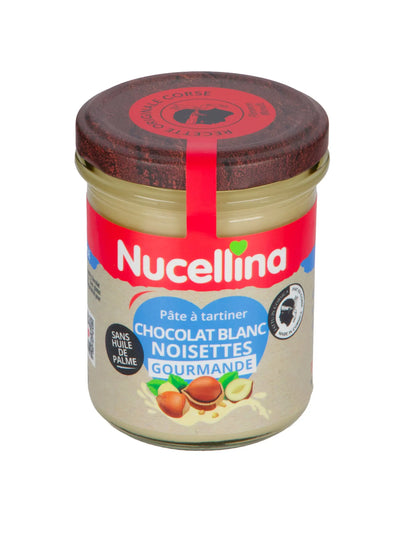 Pot de pâte à tartiner Nucellina Gourmande au chocolat blanc, fermé, vu de trois quarts