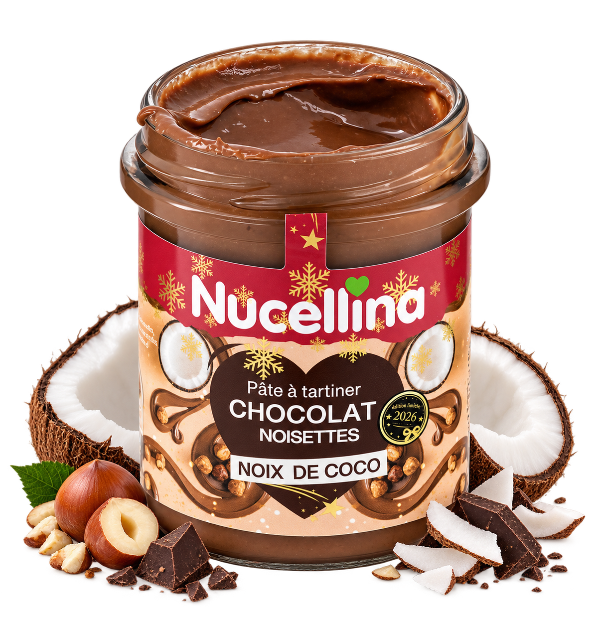 Édition limitée Nucellina 2026 : pot ouvert entouré de noix de coco, noisettes et chocolat sur fond transparent