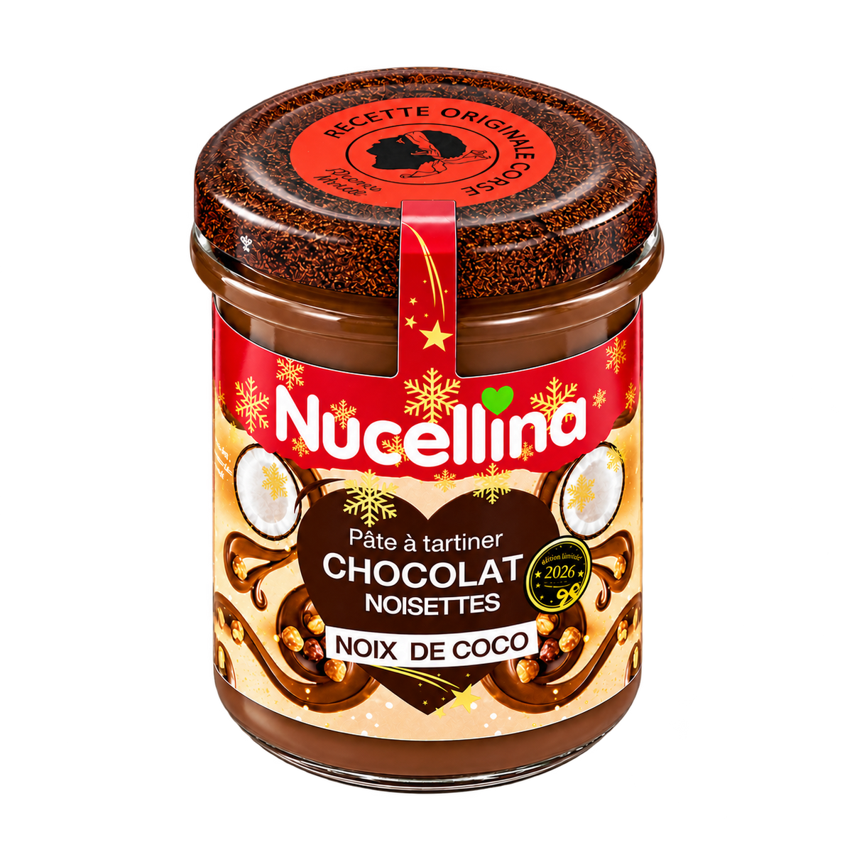 Pot Nucellina chocolat noisettes noix de coco 2026, vue de trois quarts, détouré