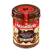 Pot Nucellina chocolat noisettes noix de coco 2026, vue de trois quarts, détouré