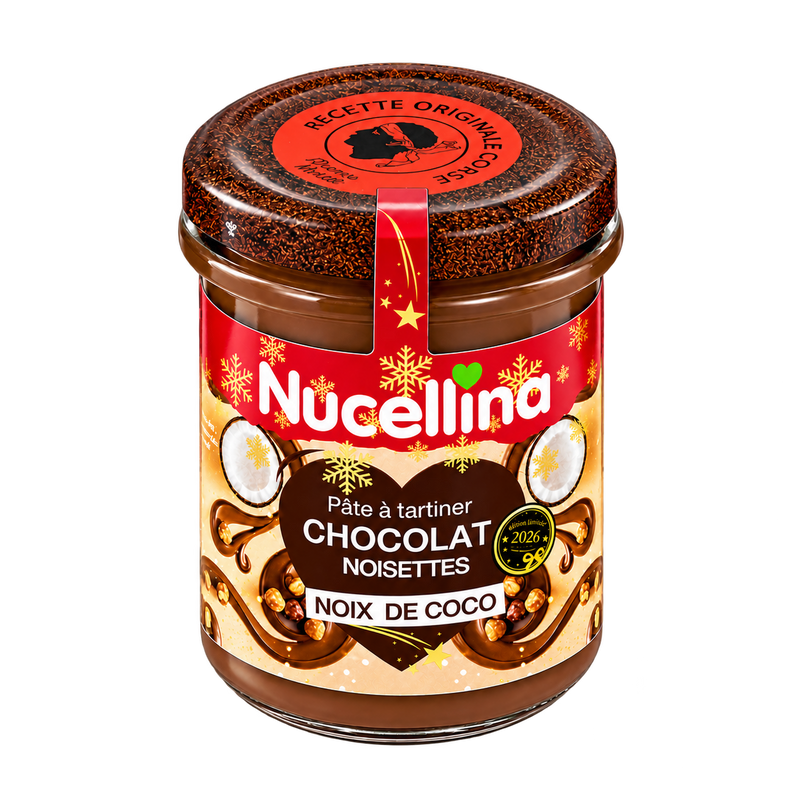 Pot Nucellina chocolat noisettes noix de coco 2026, vue de trois quarts, détouré