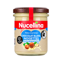 Pot de Nucellina Gourmande de face, étiquette pâte à tartiner chocolat blanc et noisettes