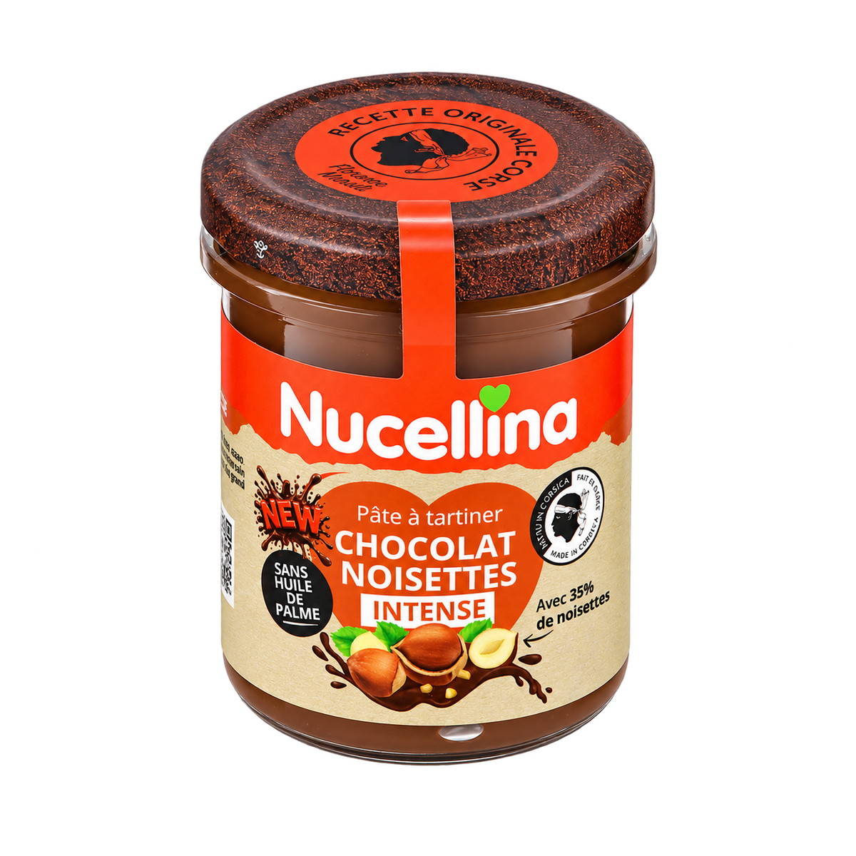 Pot de pâte à tartiner Nucellina Intense fermé, vu de trois quarts