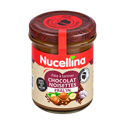 Pot de pâte à tartiner Nucellina Pral'in fermé, vu de trois quarts