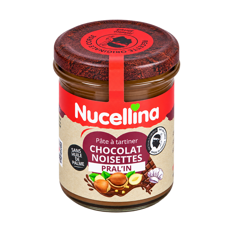 Pot de pâte à tartiner Nucellina Pral'in fermé, vu de trois quarts