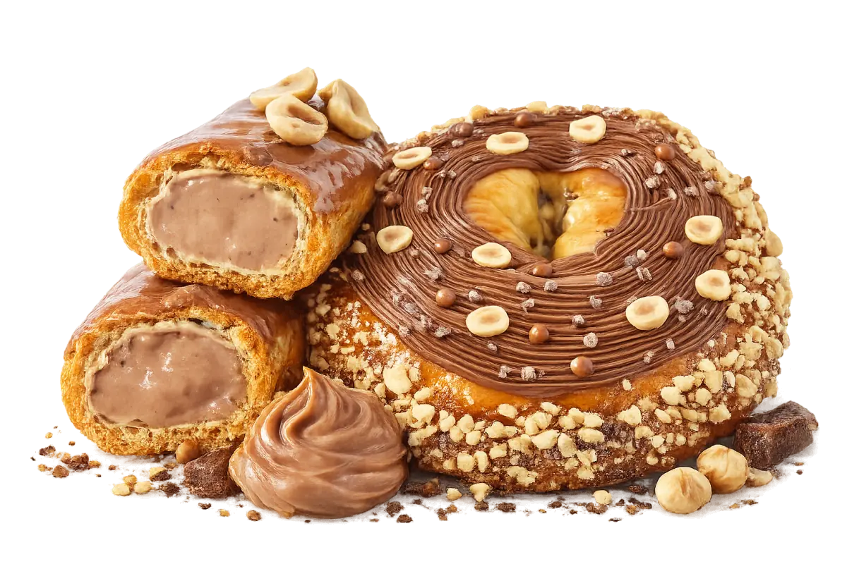 Roulés fourrés et donut nappés de chocolat et de noisettes concassées