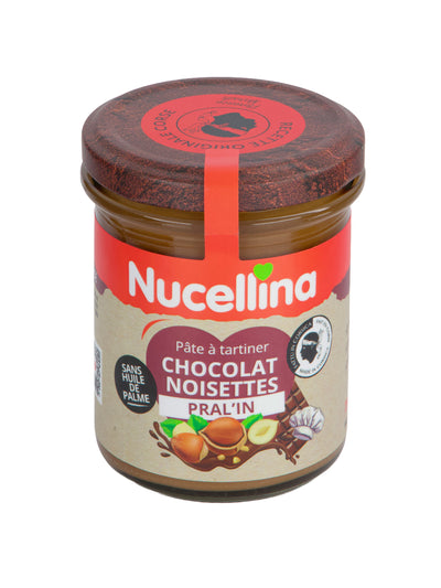 Pot de pâte à tartiner Nucellina Pral'in fermé, vu de trois quarts