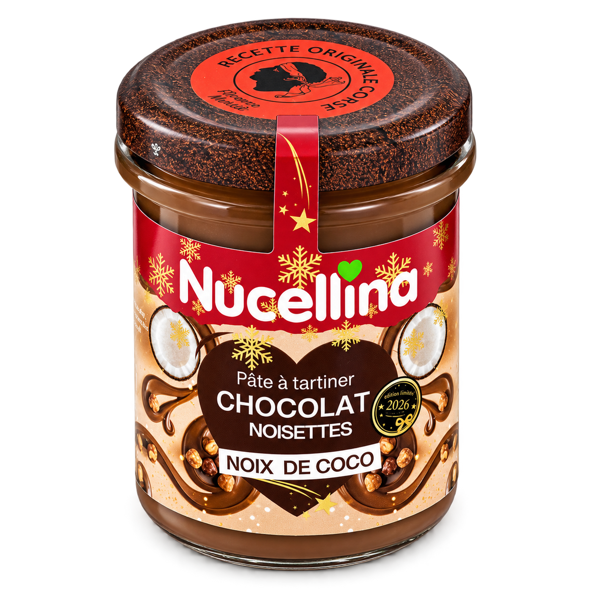 Pot Nucellina chocolat noisettes noix de coco 2026, vue de trois quarts, détouré