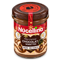 Pot Nucellina chocolat noisettes noix de coco 2026, vue de trois quarts, détouré