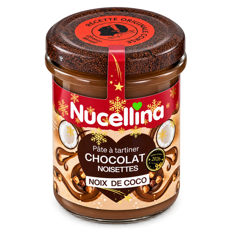 Pot Nucellina chocolat noisettes noix de coco 2026, vue de trois quarts, détouré